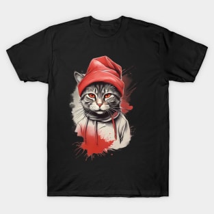 cat wearing a samta clause T-Shirt